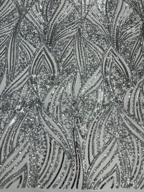 Geometric Feather Wing Polyester Fabric - 4 Way Stretch Mesh, Embroidered Sequins, 54" Width, 36" Length (1 Yard)