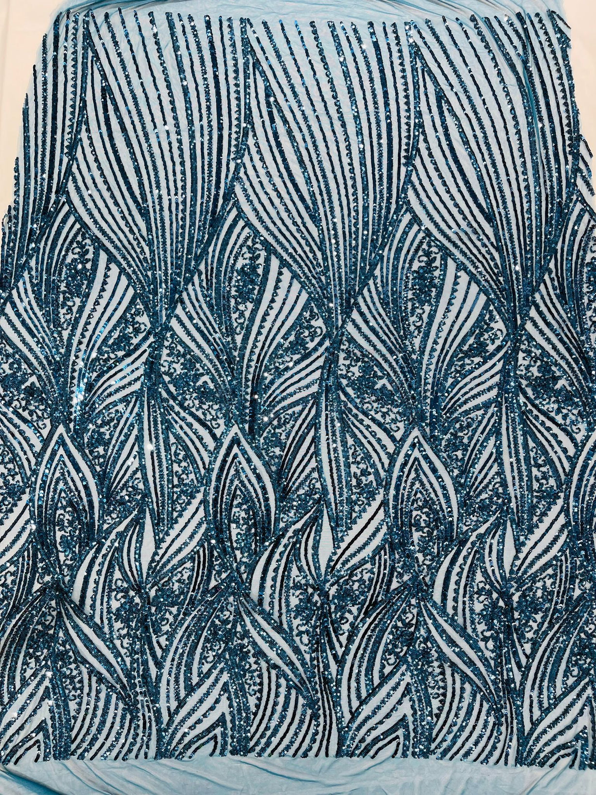 Geometric Feather Wing Polyester Fabric - 4 Way Stretch Mesh, Embroidered Sequins, 54" Width, 36" Length (1 Yard)