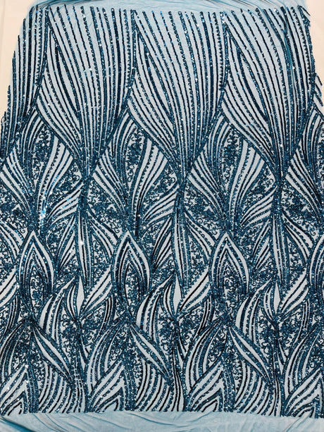 Geometric Feather Wing Polyester Fabric - 4 Way Stretch Mesh, Embroidered Sequins, 54" Width, 36" Length (1 Yard)