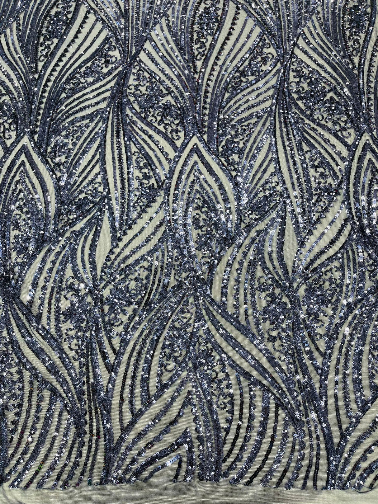 Geometric Feather Wing Polyester Fabric - 4 Way Stretch Mesh, Embroidered Sequins, 54" Width, 36" Length (1 Yard)