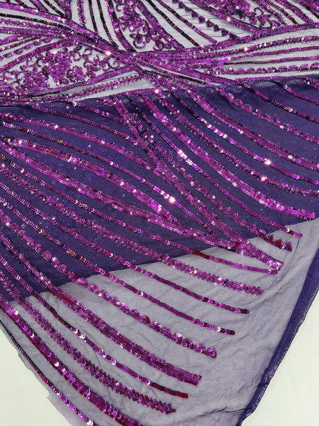 Geometric Feather Wing Polyester Fabric - 4 Way Stretch Mesh, Embroidered Sequins, 54" Width, 36" Length (1 Yard)