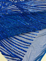 Geometric Feather Wing Polyester Fabric - 4 Way Stretch Mesh, Embroidered Sequins, 54" Width, 36" Length (1 Yard)