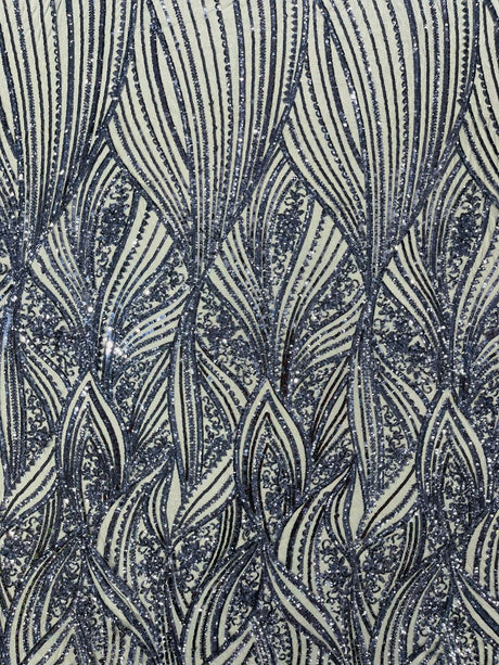 Geometric Feather Wing Polyester Fabric - 4 Way Stretch Mesh, Embroidered Sequins, 54" Width, 36" Length (1 Yard)