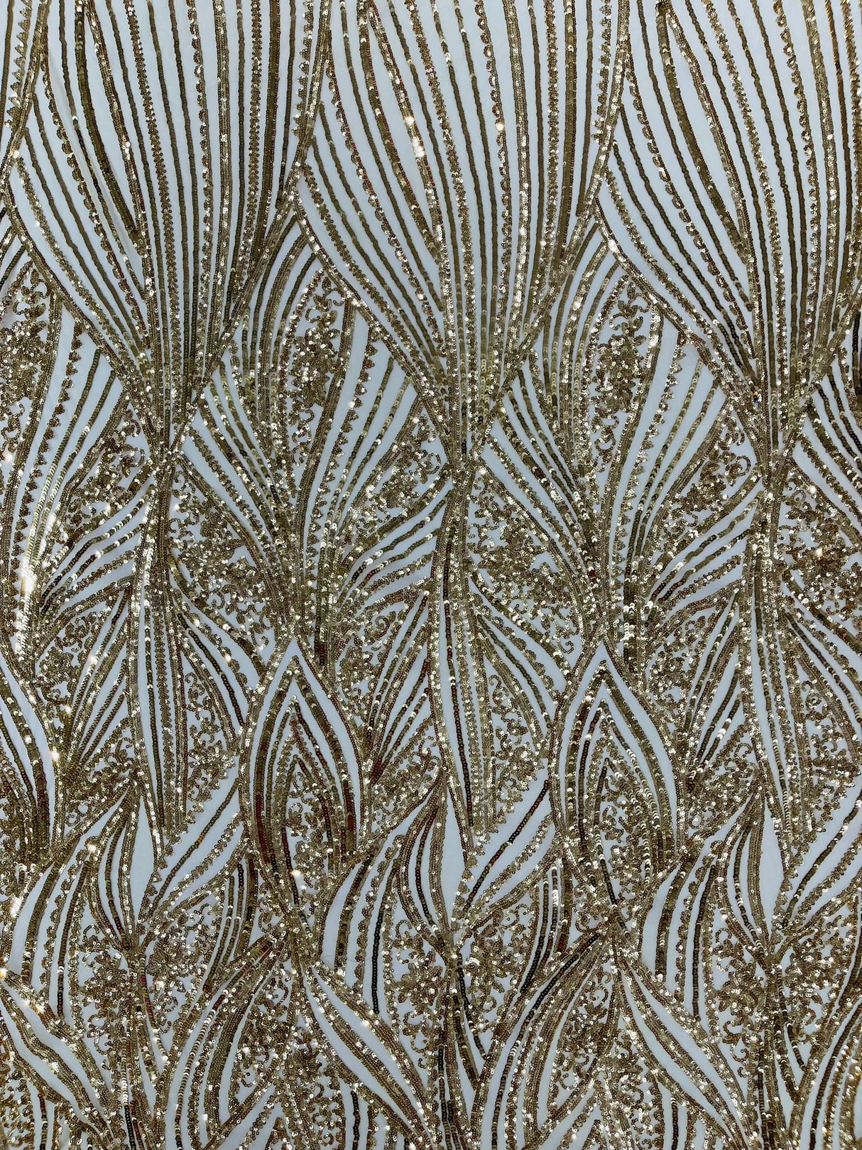 Geometric Feather Wing Polyester Fabric - 4 Way Stretch Mesh, Embroidered Sequins, 54" Width, 36" Length (1 Yard)