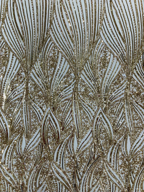 Geometric Feather Wing Polyester Fabric - 4 Way Stretch Mesh, Embroidered Sequins, 54" Width, 36" Length (1 Yard)