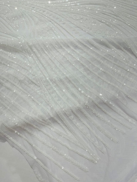Geometric Feather Wing Polyester Fabric - 4 Way Stretch Mesh, Embroidered Sequins, 54" Width, 36" Length (1 Yard)