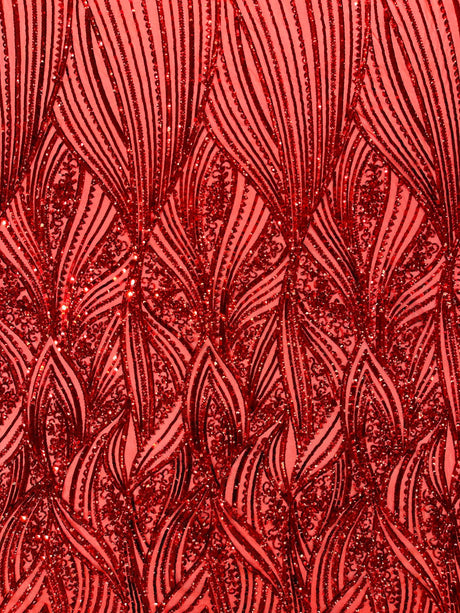 Geometric Feather Wing Polyester Fabric - 4 Way Stretch Mesh, Embroidered Sequins, 54" Width, 36" Length (1 Yard)