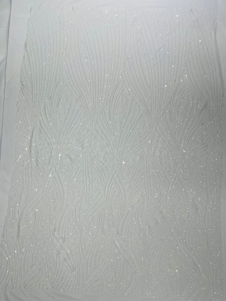 Geometric Feather Wing Polyester Fabric - 4 Way Stretch Mesh, Embroidered Sequins, 54" Width, 36" Length (1 Yard)