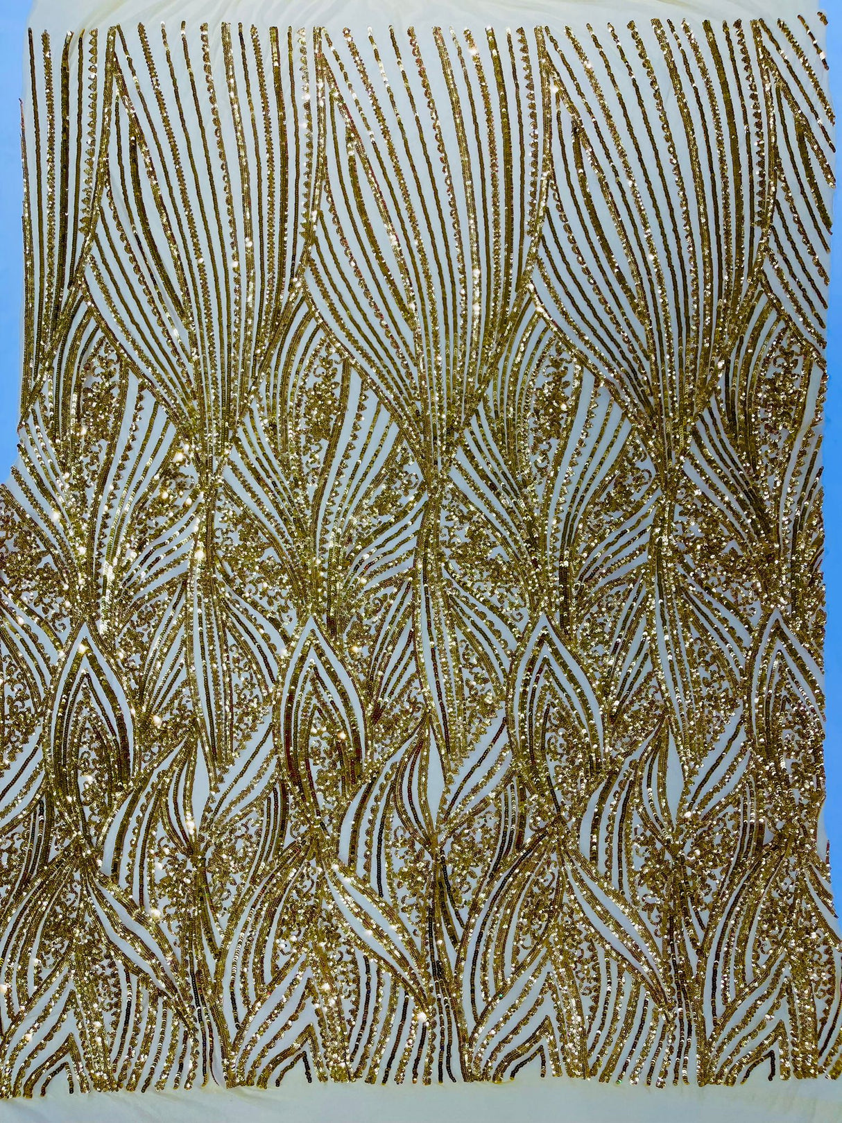 Geometric Feather Wing Polyester Fabric - 4 Way Stretch Mesh, Embroidered Sequins, 54" Width, 36" Length (1 Yard)