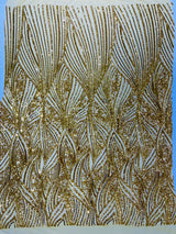 Geometric Feather Wing Polyester Fabric - 4 Way Stretch Mesh, Embroidered Sequins, 54" Width, 36" Length (1 Yard)