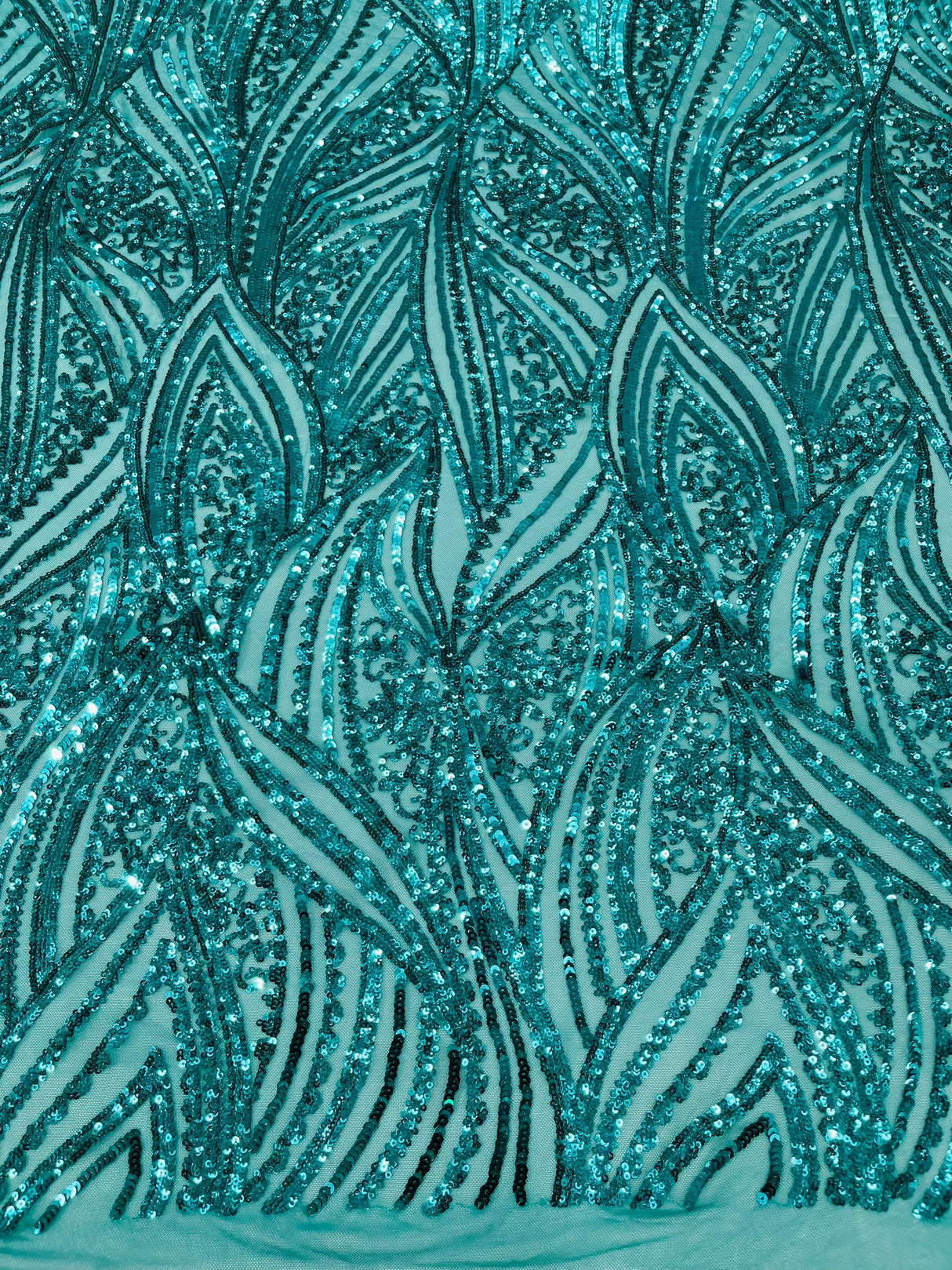 Geometric Feather Wing Polyester Fabric - 4 Way Stretch Mesh, Embroidered Sequins, 54" Width, 36" Length (1 Yard)