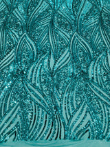 Geometric Feather Wing Polyester Fabric - 4 Way Stretch Mesh, Embroidered Sequins, 54" Width, 36" Length (1 Yard)