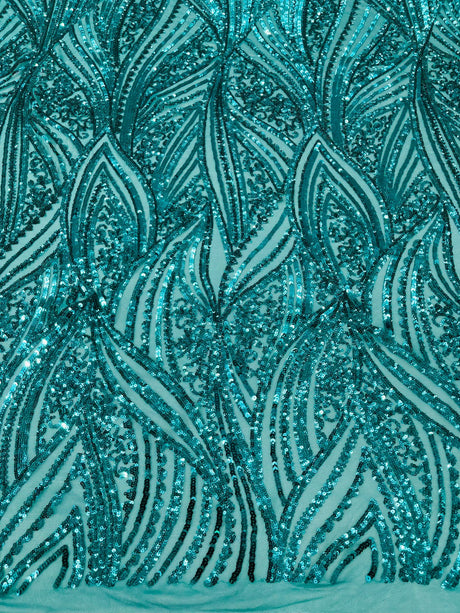 Geometric Feather Wing Polyester Fabric - 4 Way Stretch Mesh, Embroidered Sequins, 54" Width, 36" Length (1 Yard)