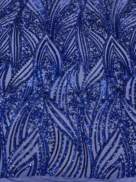 Geometric Feather Wing Polyester Fabric - 4 Way Stretch Mesh, Embroidered Sequins, 54" Width, 36" Length (1 Yard)