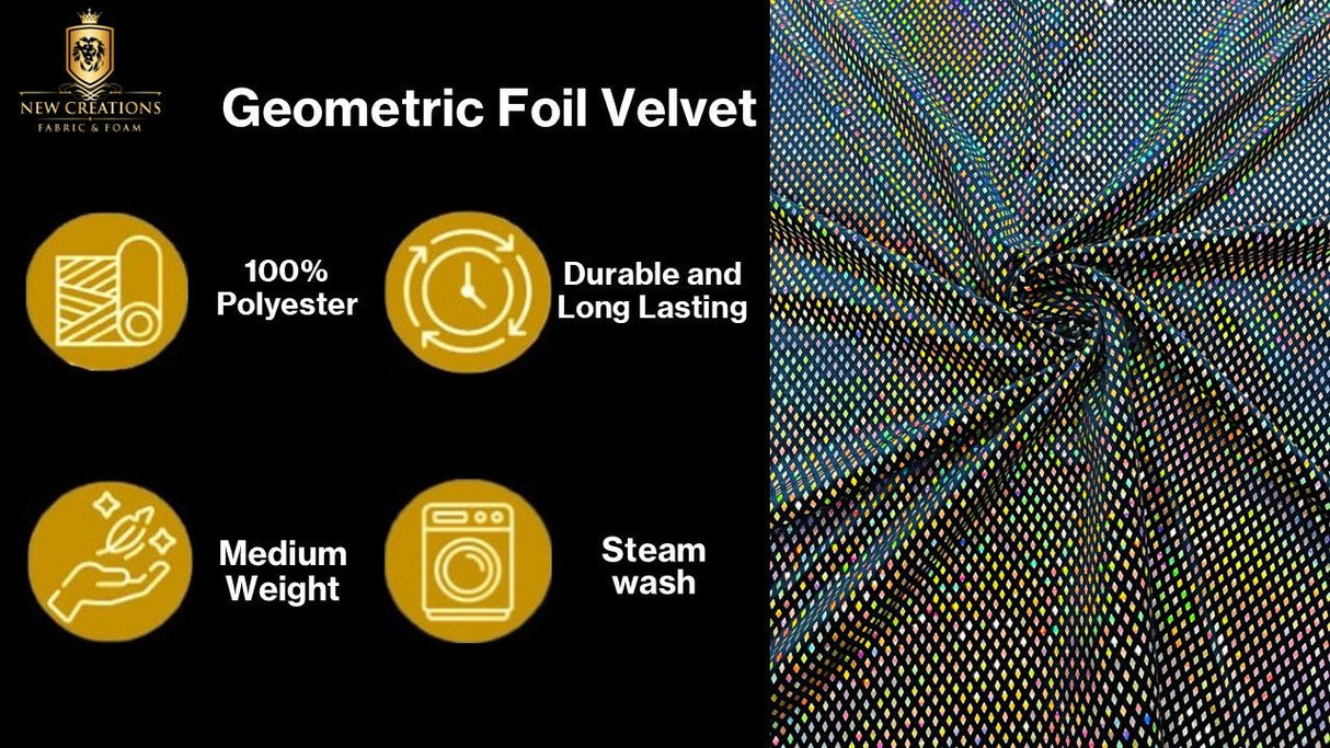Geometric Foil Velvet Stretch Fabric - Black Iridescent, 58" Width (1 Yard)