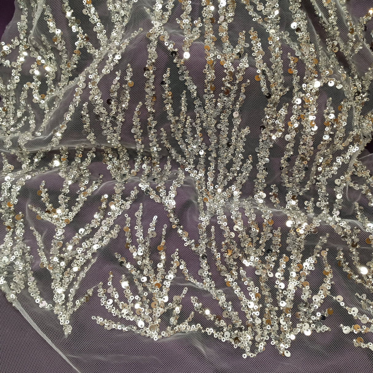 Beaded Sequined Lace Fabric on Polyester Net Mesh