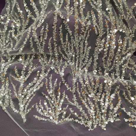 Beaded Sequined Lace Fabric on Polyester Net Mesh