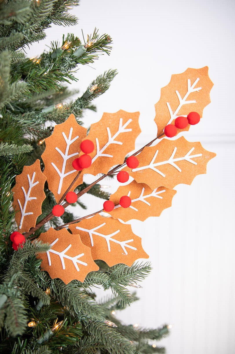 Gingerbread Leaf Spray with Red Berries 28 Inch Christmas Decor
