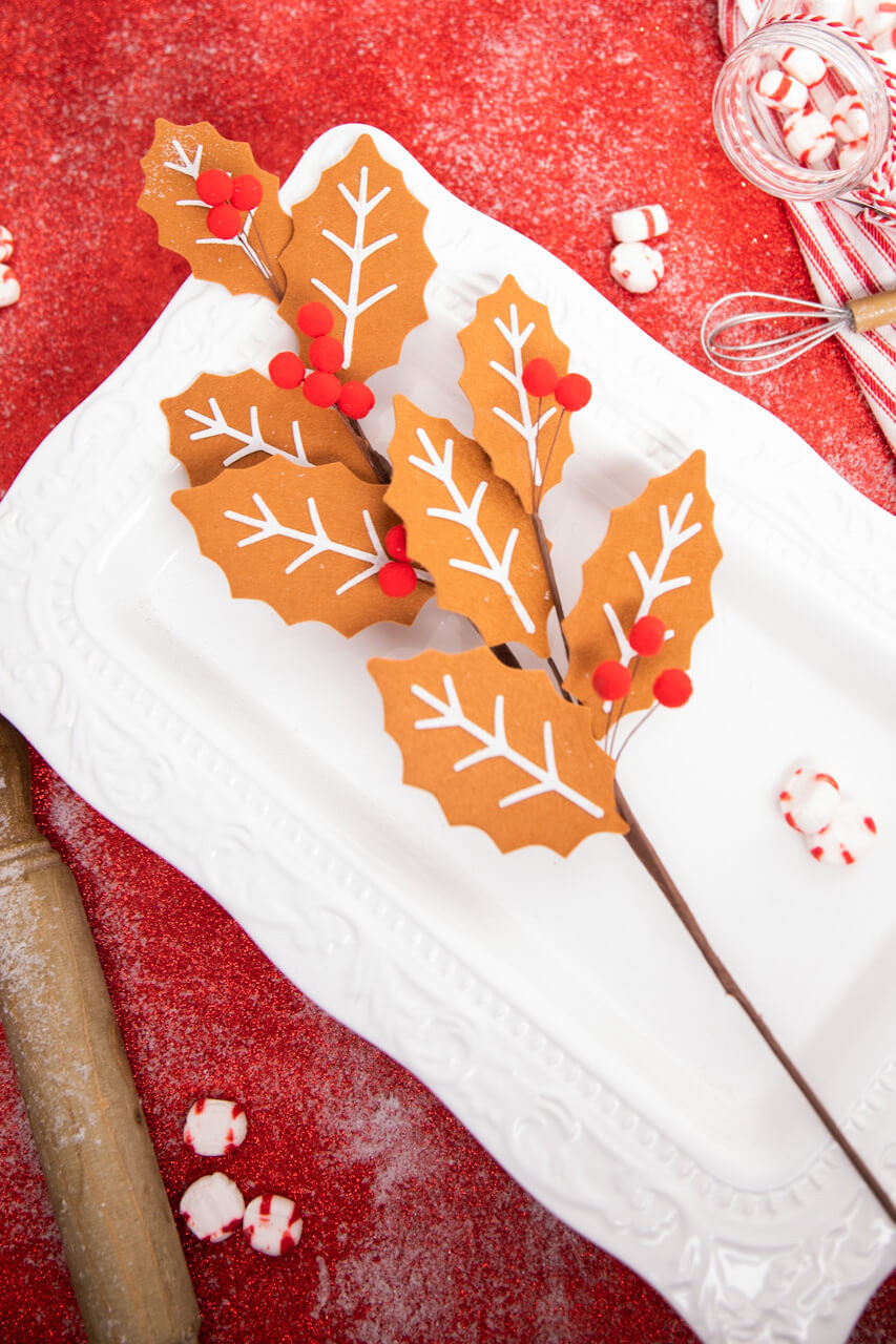 Gingerbread Leaf Spray with Red Berries 28 Inch Christmas Decor