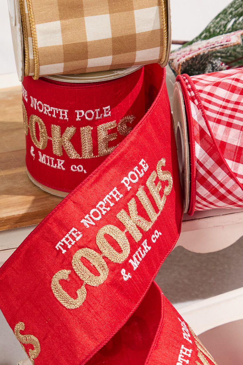 4" x 5 Yard North Pole Cookies & Milk Co. Embroidered Red