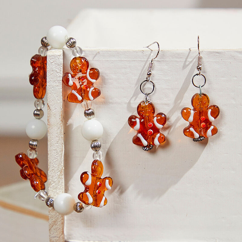 Gingerbread Artglass Jewelry Set Handmade Christmas Festive Design