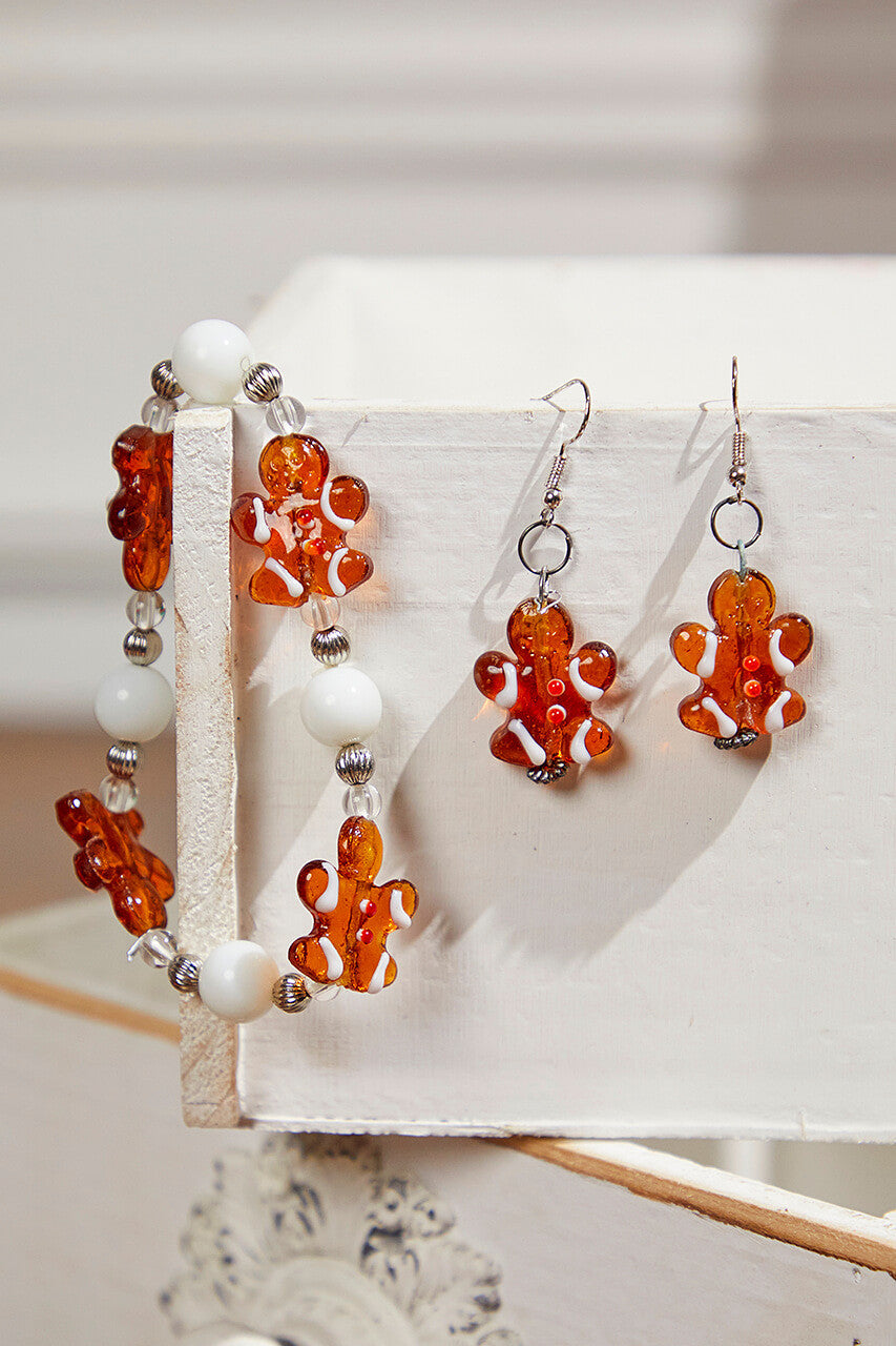 Gingerbread Artglass Jewelry Set Handmade Christmas Festive Design