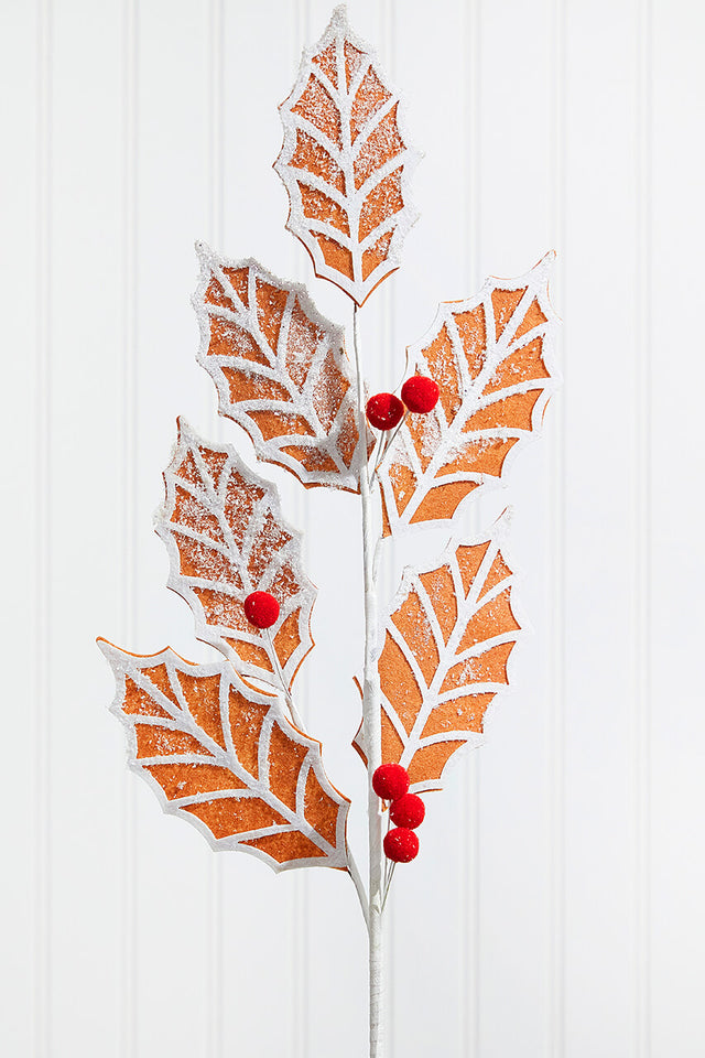 24” Gingerbread Leaf Stem with Red Berries