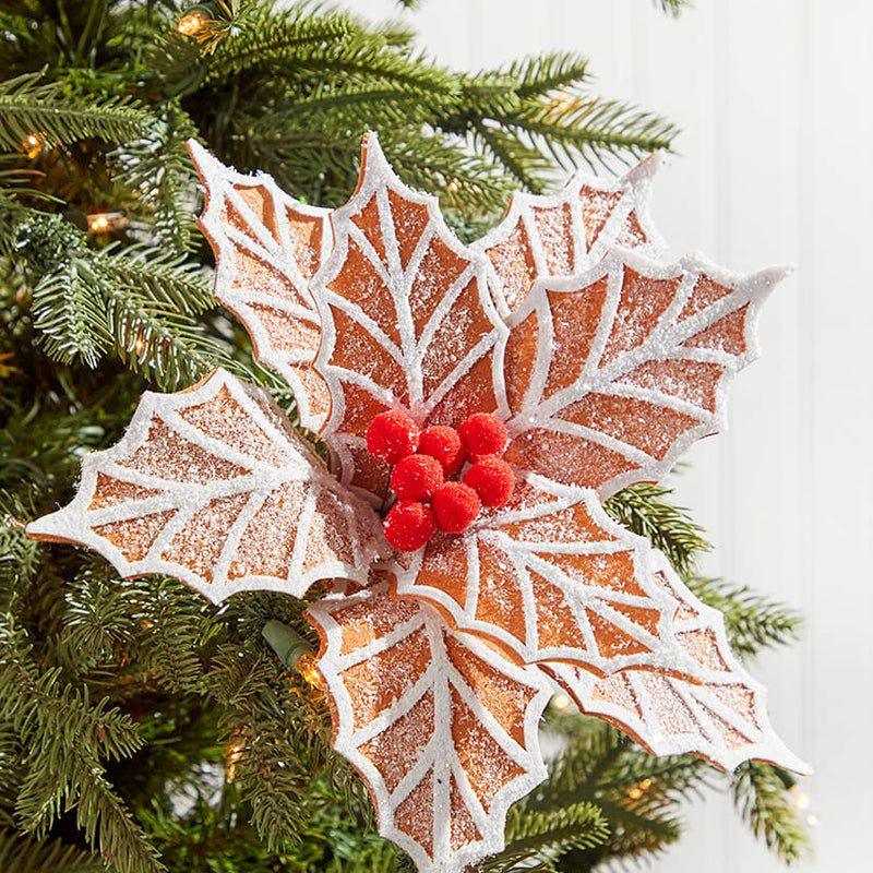 22" x 12" Ginger and White Frosted Poinsettia Stem with Red Berries