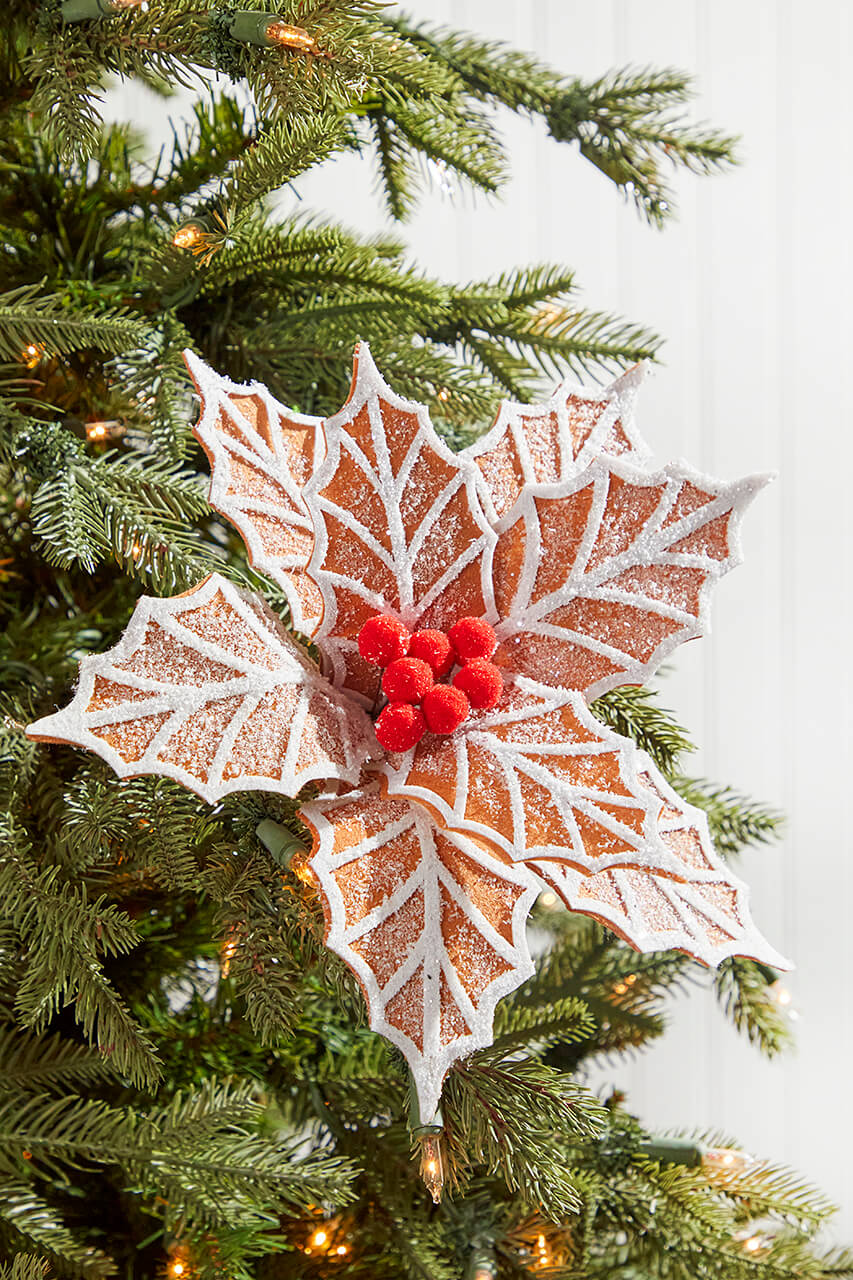 22" x 12" Ginger and White Frosted Poinsettia Stem with Red Berries