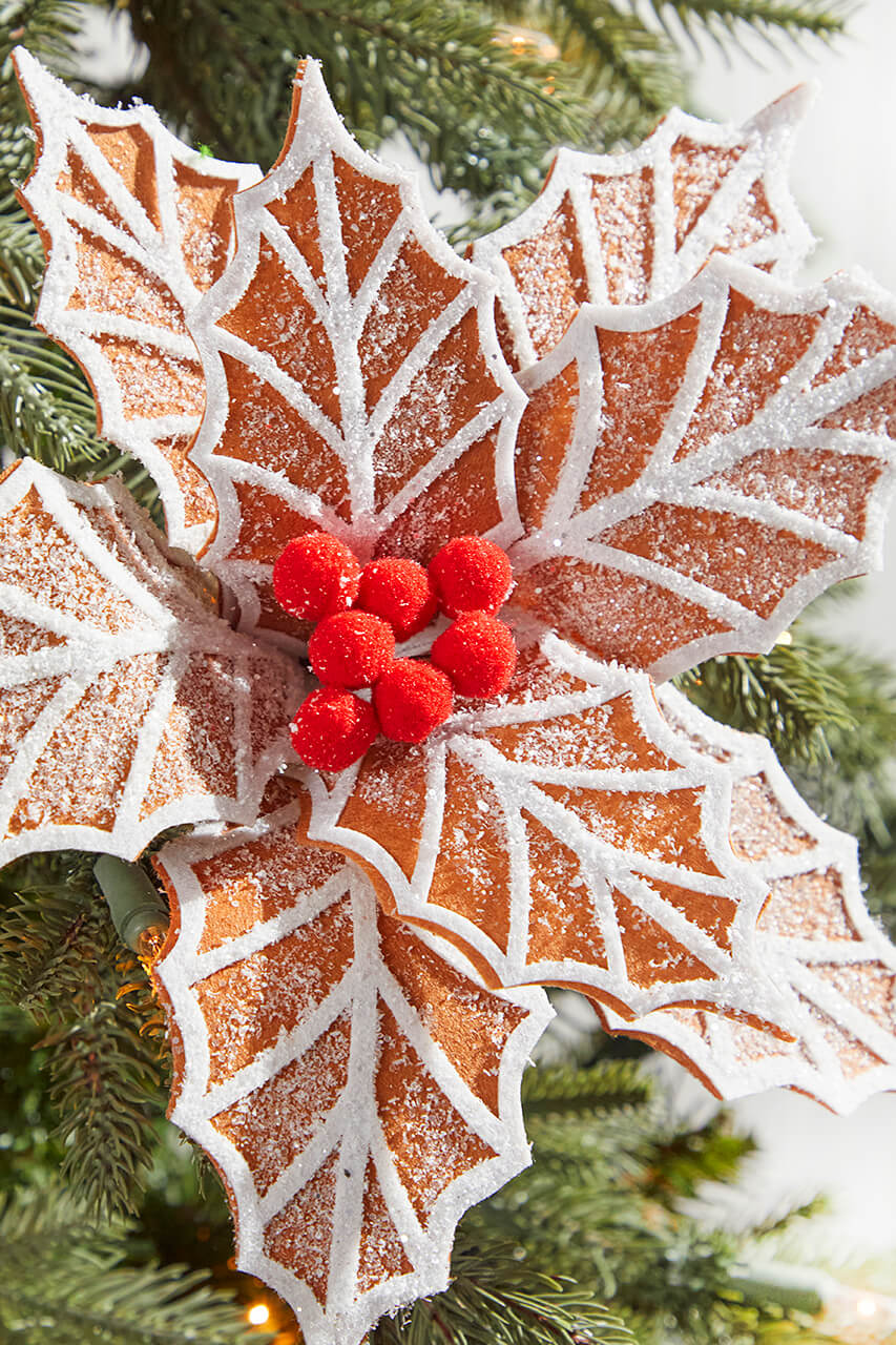 22" x 12" Ginger and White Frosted Poinsettia Stem with Red Berries