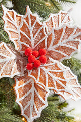22" x 12" Ginger and White Frosted Poinsettia Stem with Red Berries
