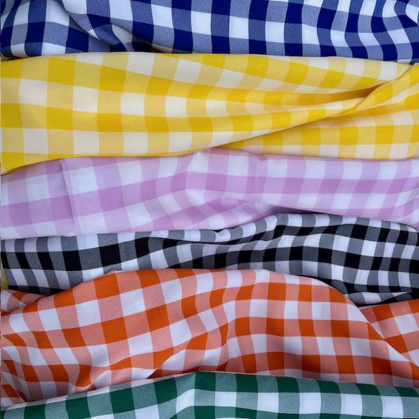 Checkered Gingham Polyester Fabric - Baby Blue-White, 60" Width