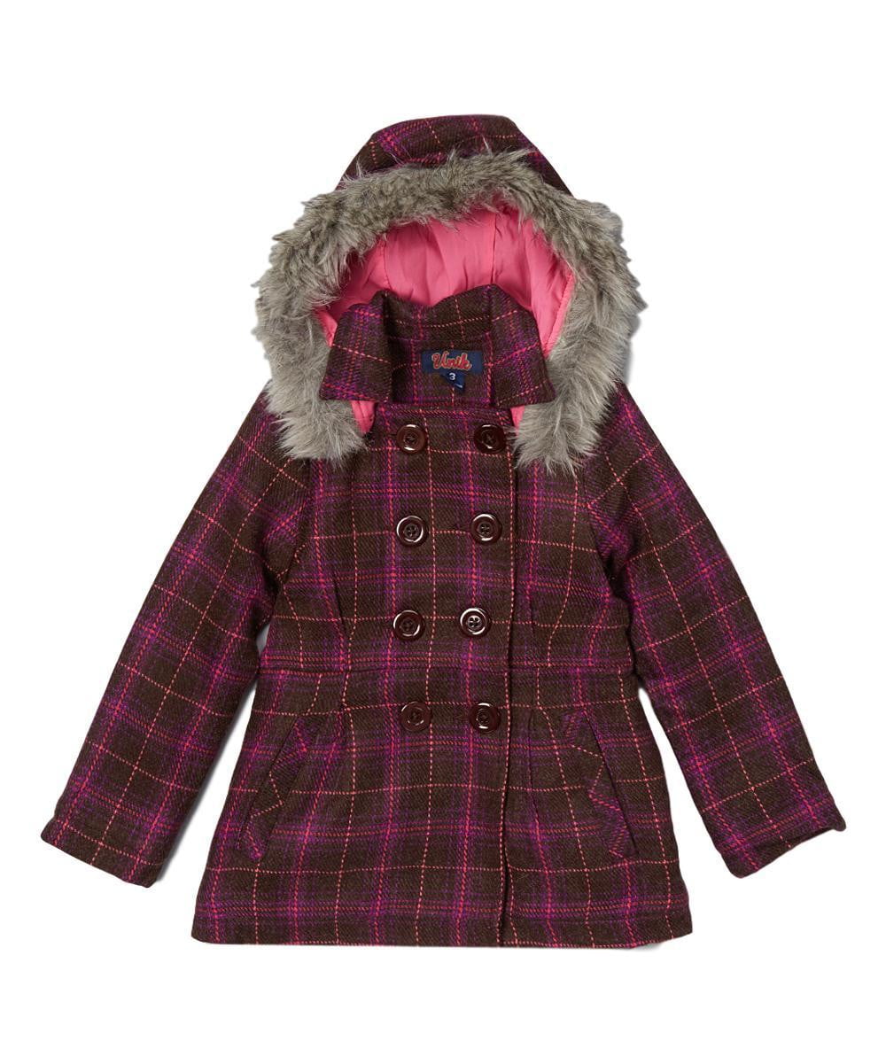 Girl Faux Fur Hood Coat - Pink Plaid, Hooded Fleece Coat (1 Piece)