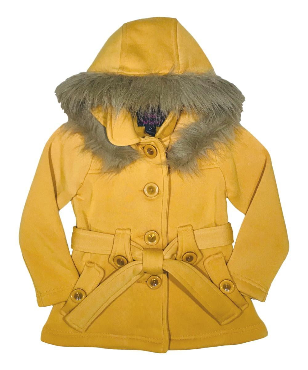 Girl Fleece Coat With Hood 100 Percent Polyester Fabric - Fur Hood, Detachable Belt, Black, Rose, Honey, Grey, Navy, Burgundy, Red, Fushia, Sizes 2-XL (1 Piece)