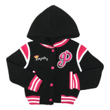 Girls Varsity Jacket - Girls Jacket, Red, Rose, Honey, Plumb, Black, Snap Button Closure, Hood (1 Piece)