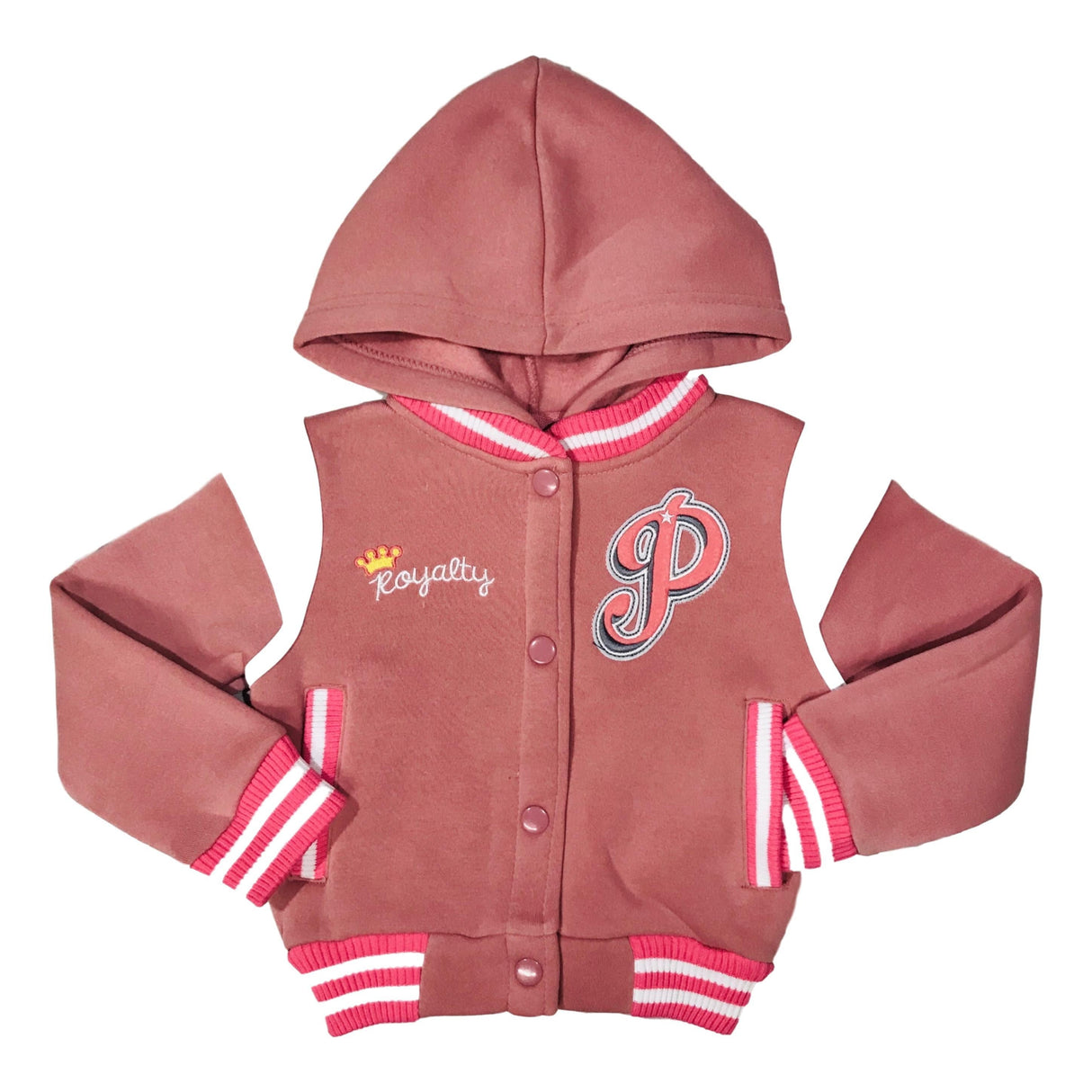 Girls Varsity Jacket - Girls Jacket, Red, Rose, Honey, Plumb, Black, Snap Button Closure, Hood (1 Piece)