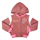 Girls Varsity Jacket - Girls Jacket, Red, Rose, Honey, Plumb, Black, Snap Button Closure, Hood (1 Piece)