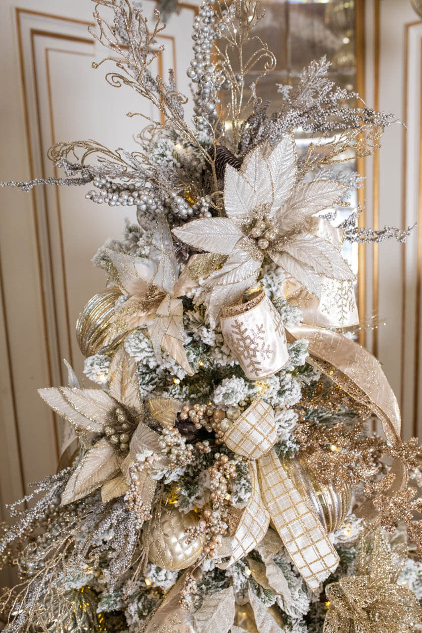 34" Champagne Glitter Lace Leaf Spray Christmas Decor