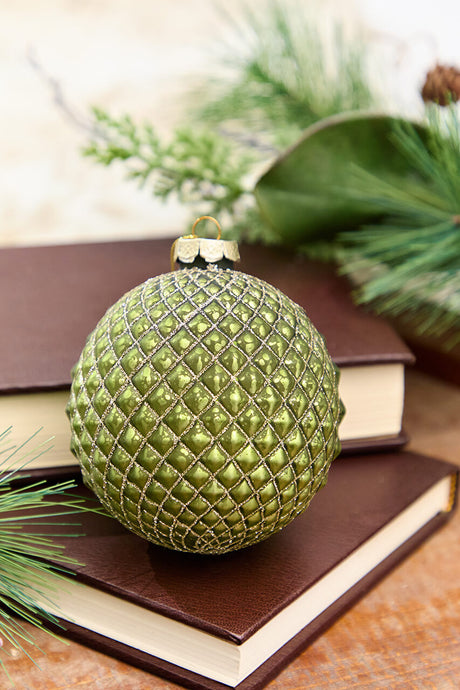 4" Green Glass Quilted Glitter Check Ball Ornament