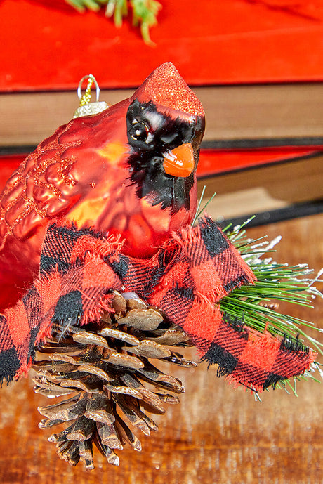 6" Glass Cardinal with Bow and Cone Ornament