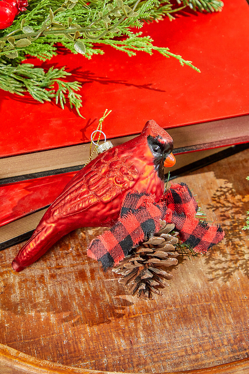 6" Glass Cardinal with Bow and Cone Ornament