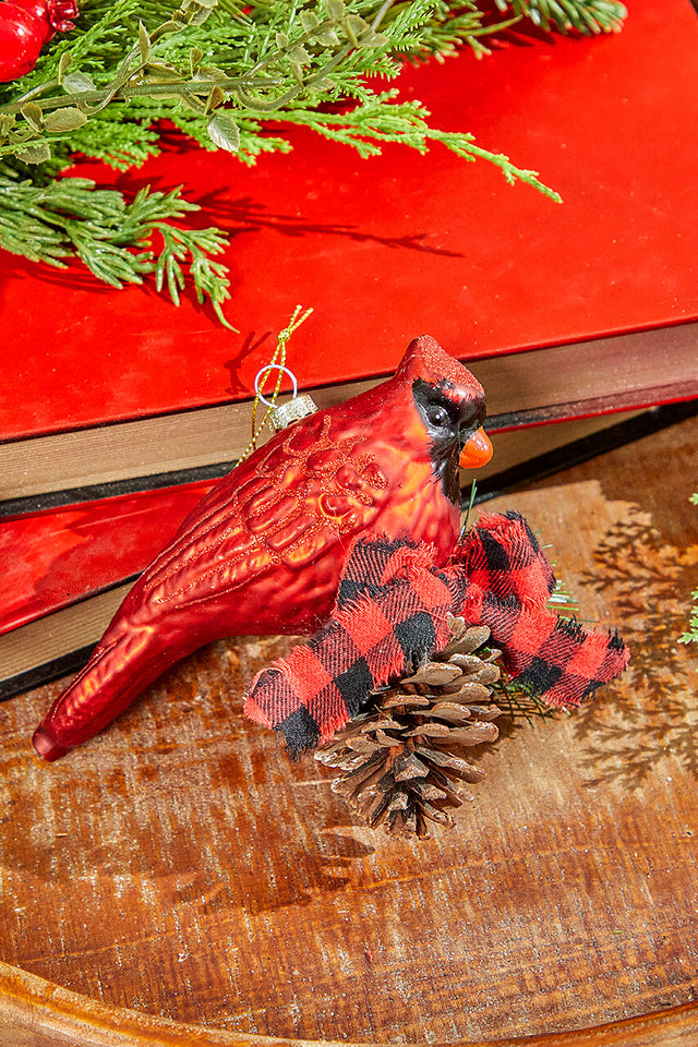 6" Glass Cardinal with Bow and Cone Ornament