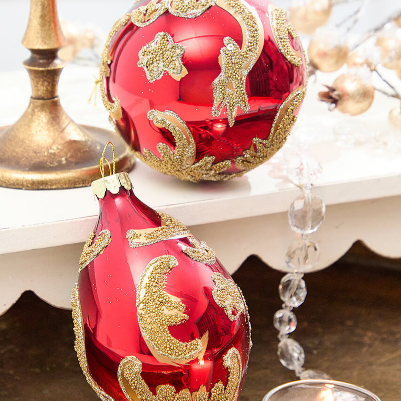 4" - 6" Red & Gold Beaded Scroll Glass Ornament
