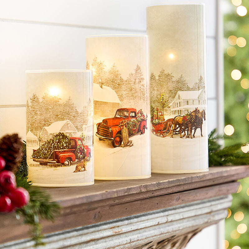 5.9" - 9.8" Nostalgic Christmas Glass Luminaries - Set of 3