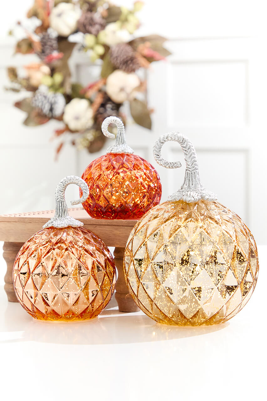 4.75" - 8" Lighted Handblown Mercury Glass Pumpkins - Set of 3