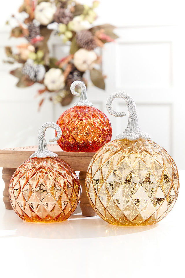 4.75" - 8" Lighted Handblown Mercury Glass Pumpkins - Set of 3