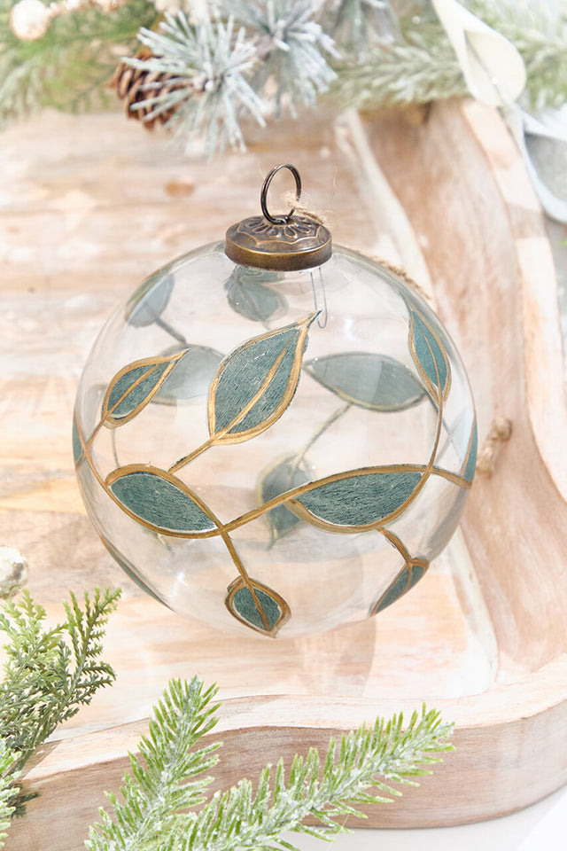 5" Clear Glass Ornament with Leaves