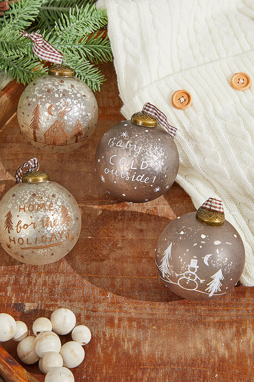 3" Ball Text Glass Ornament Rustic Holiday Decor