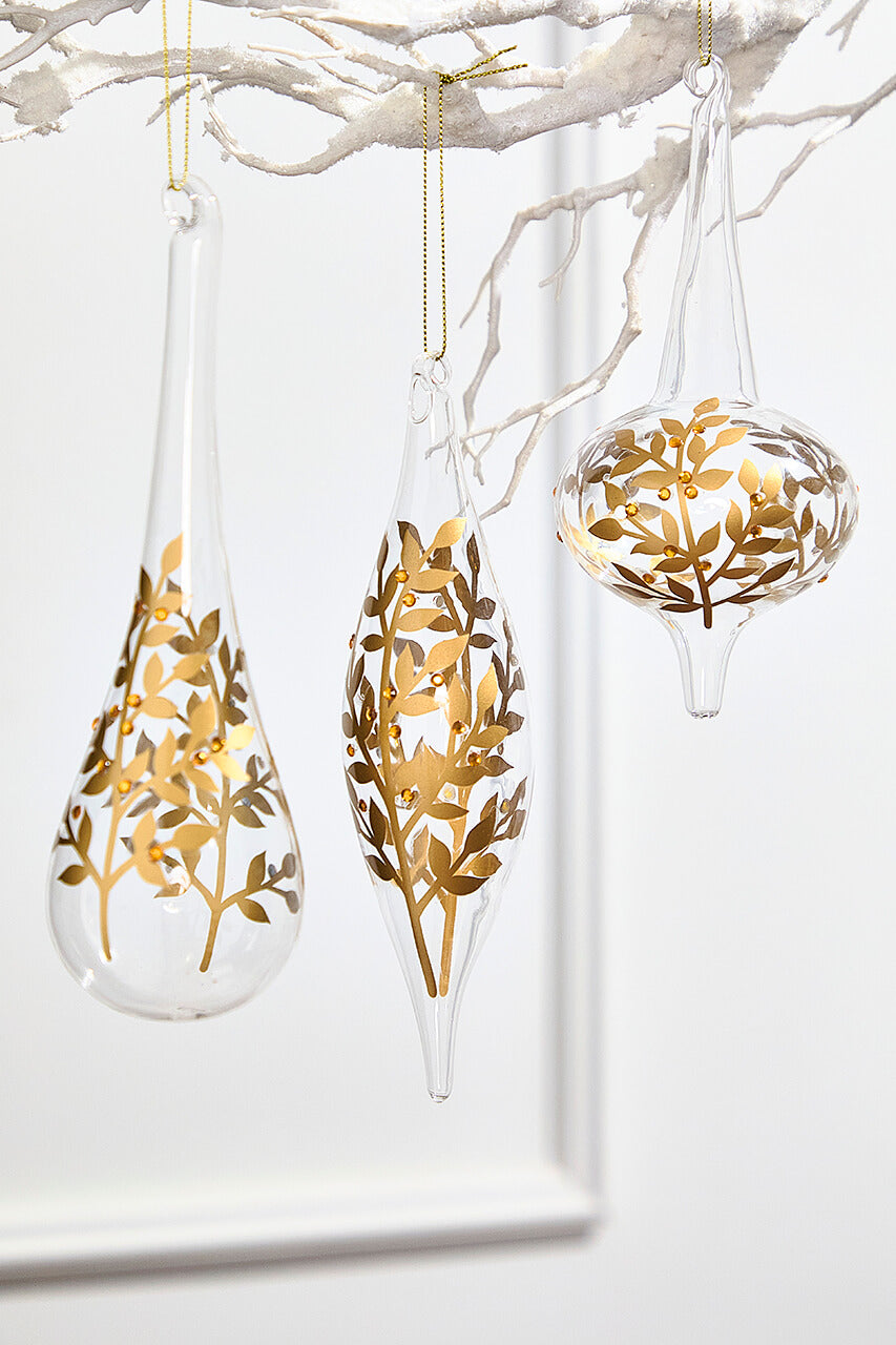 8" - 9" Icicle Glass Ornament with Gold Leaf Detail