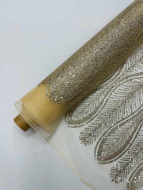 Glitter Feather Design Polyester Fabric - Glitter Feather Pattern, 52-54" Width (1 Yard)